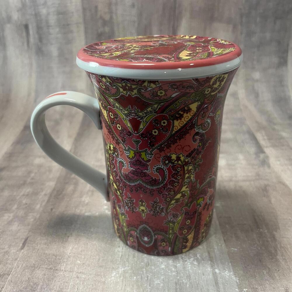 Barnes & Noble Punctuate Pink Paisley Coffee Cup with Lid Porcelain  EUC